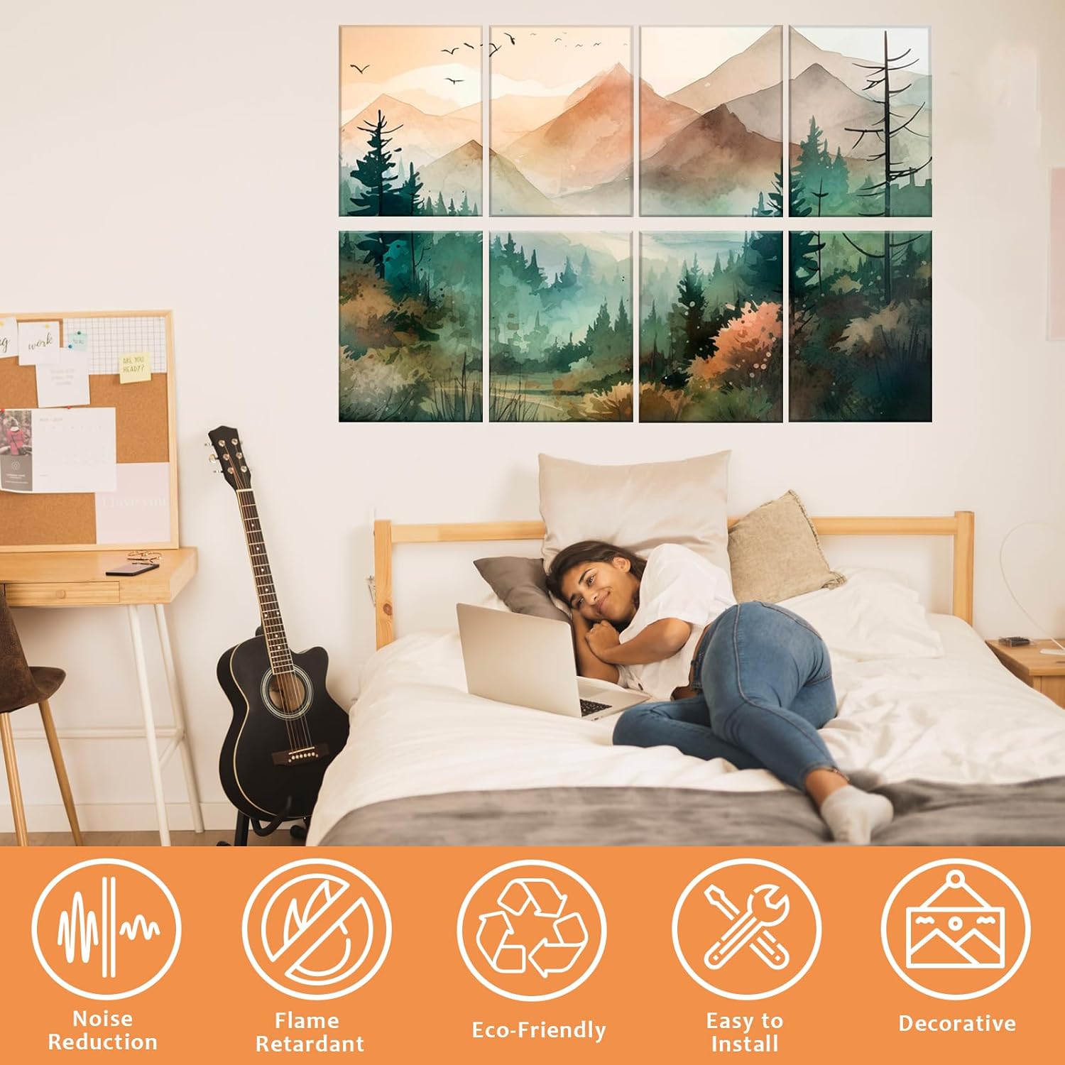 8 Pack Art Acoustic Panels Soundproof Wall Panels, Decorative Sound Dampening Panels Self Adhesive Sound Absorbing Panels for Home Office Gaming Room, 48X32Inches