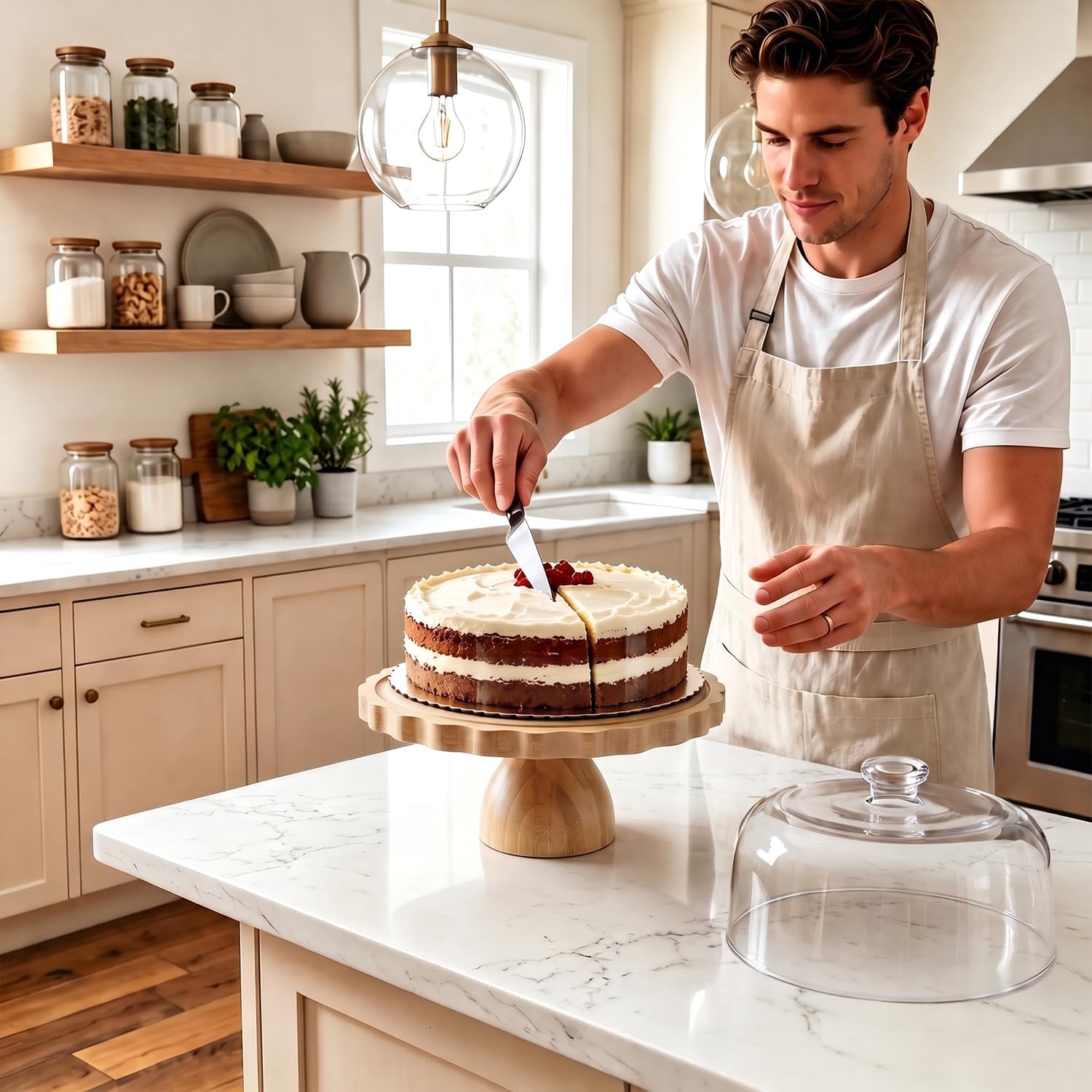 GOYLSER Bamboo Cake Stand with Lid, Round Cake Stand with Acrylic Dome, 2-In-1 Cake Holder Dessert Cake Plate Display & Charcuterie Board for Cheese, Pizza, Chips, Pastry & Dips, Fruit Platter