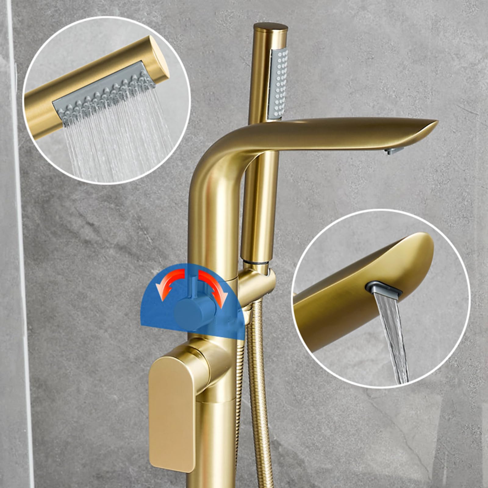 BiaoTeng Grifo de Pie Para Bañera Exenta con Cascada Oro Cepillado Laton