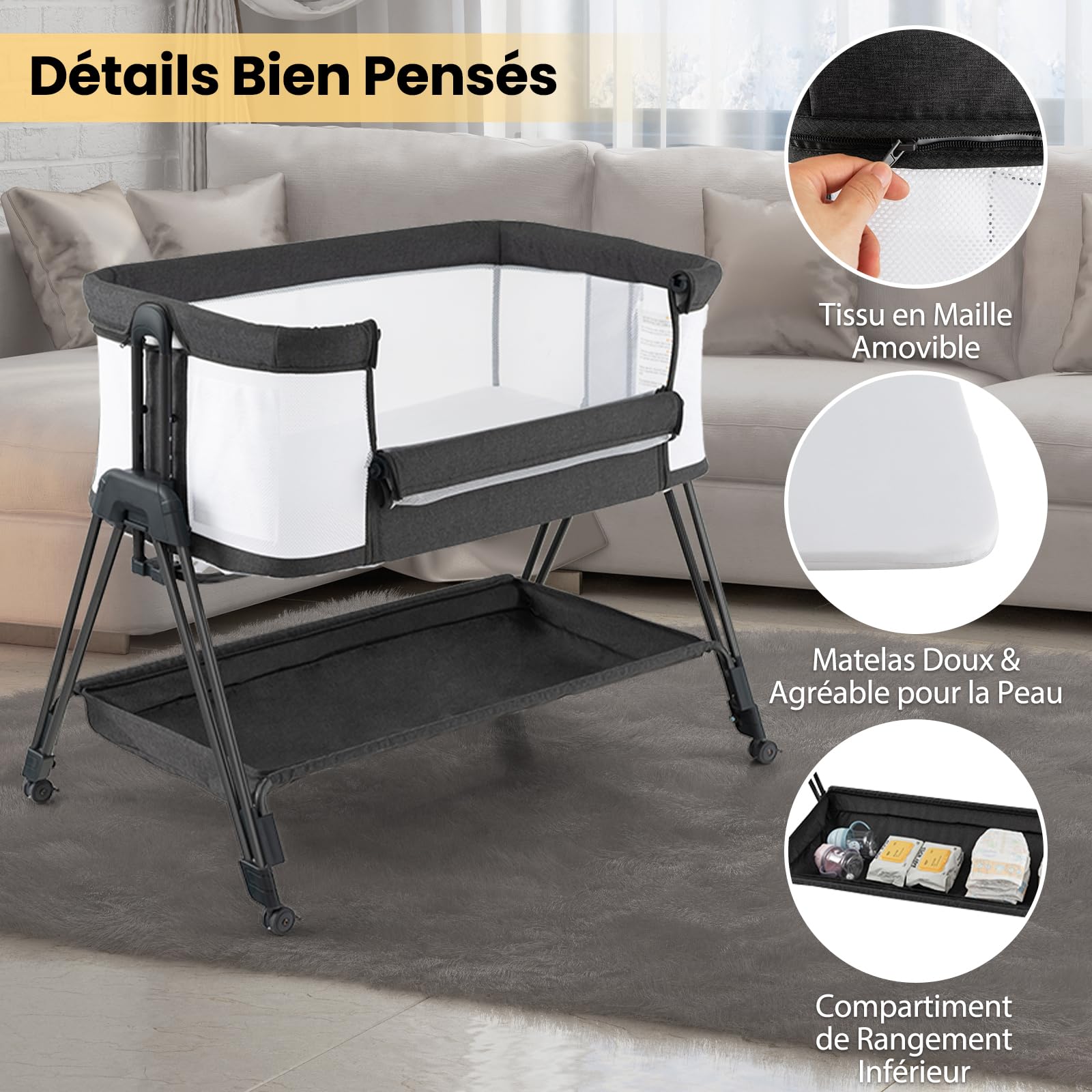 DREAMADE Lit Cododo Pliable Bébé 0-6 Mois avec Matelas Berceau Nouveau-Nés Portable avec Hauteur Réglable,Roues Universelles Lit Parapluie avec Fenêtre en Maille,Corde Fix,Charge 9+2KG (Gris Foncé)
