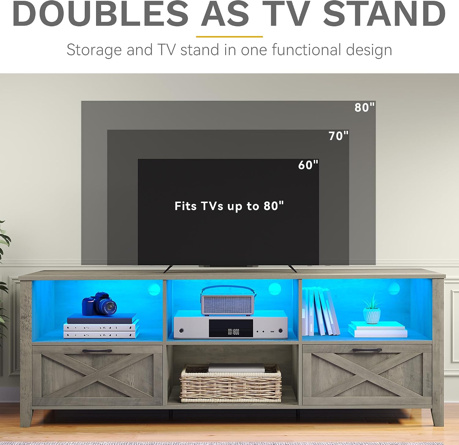 DWVO TV stand with a large TV mounted above it, illustrating TV size compatibility