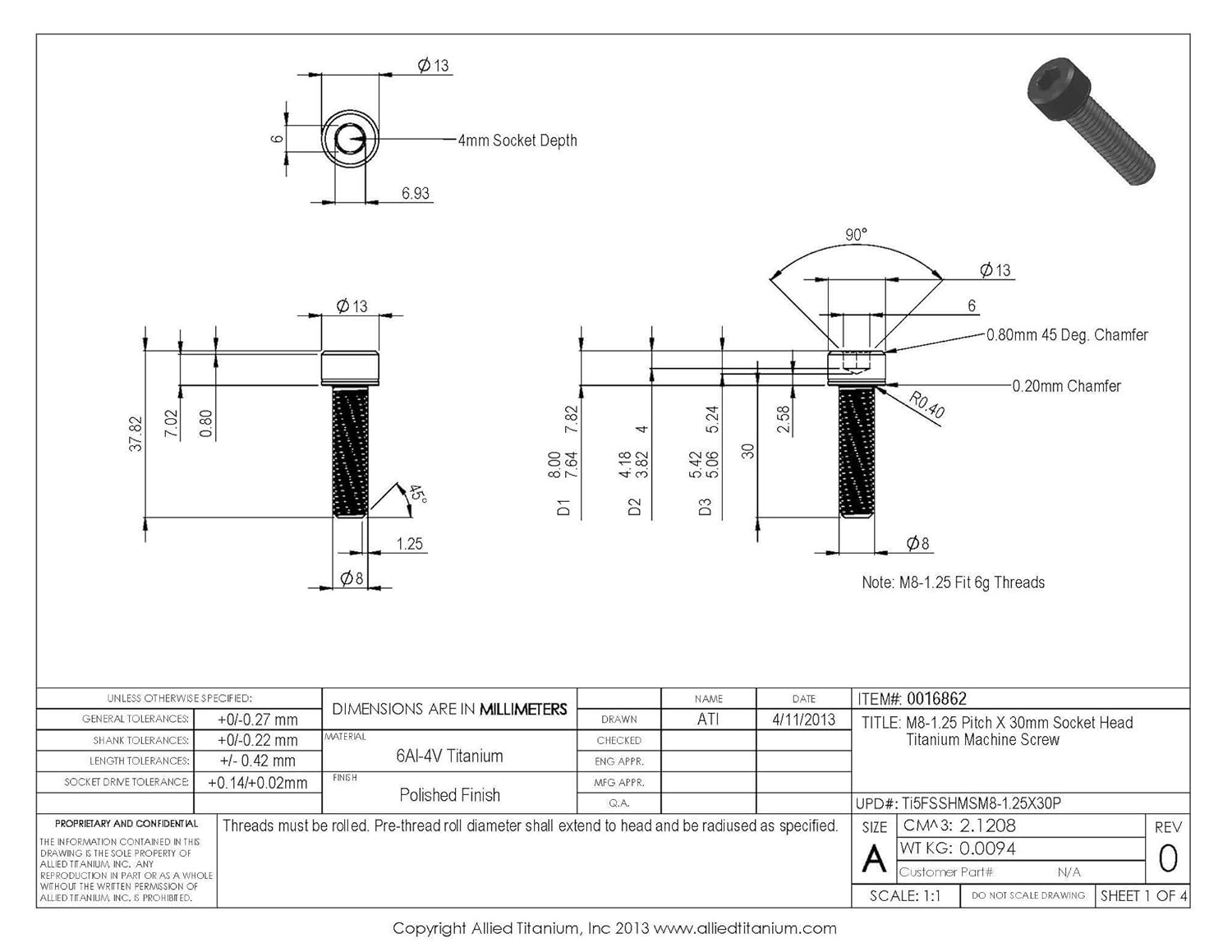 0016862, (Pack of 5) M8-1.25 Pitch X 30mm Titanium Socket Head Machine Screw, Grade 5 (Ti-6Al-4V)