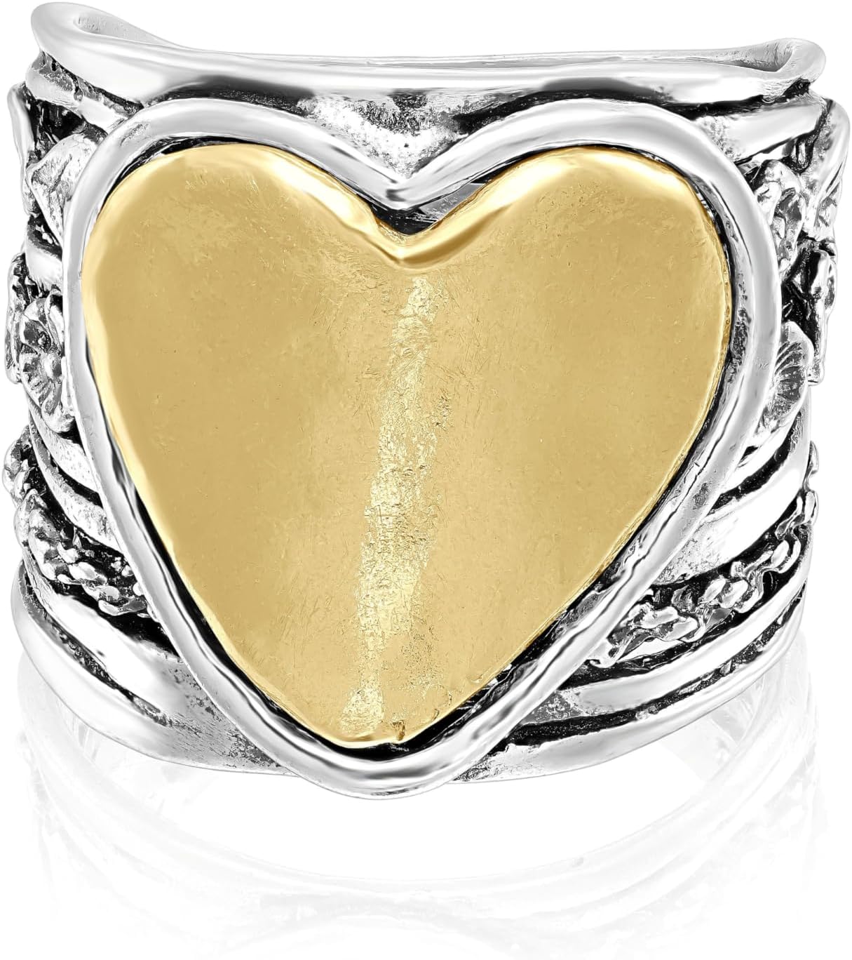 JEAN RACHEL JEWELRY 925 Sterling Silver Mixed Metal Cross Ring, Two-Tone Textured Wide Hammered Statement Band for Women