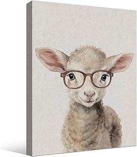 Cute Baby Lamb Wall Art Farm Animals Portrait Pictures Wall Decor Funny Lamb Sheep Wearing Glasses Poster Stretched and Framed for Kids Room Bedroom Nursery Farmhouse Wall Decoration, 11"x14"x1Pcs