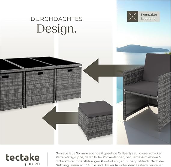 tectake® Polyrattan Garden Furniture Set Set with 6 Chairs + 1 Glass Top Table + 4 Stools Garden Lounge Set Foldable with Aluminium Frame for 10 People Balcony Furniture Includes 2 Cover Sets