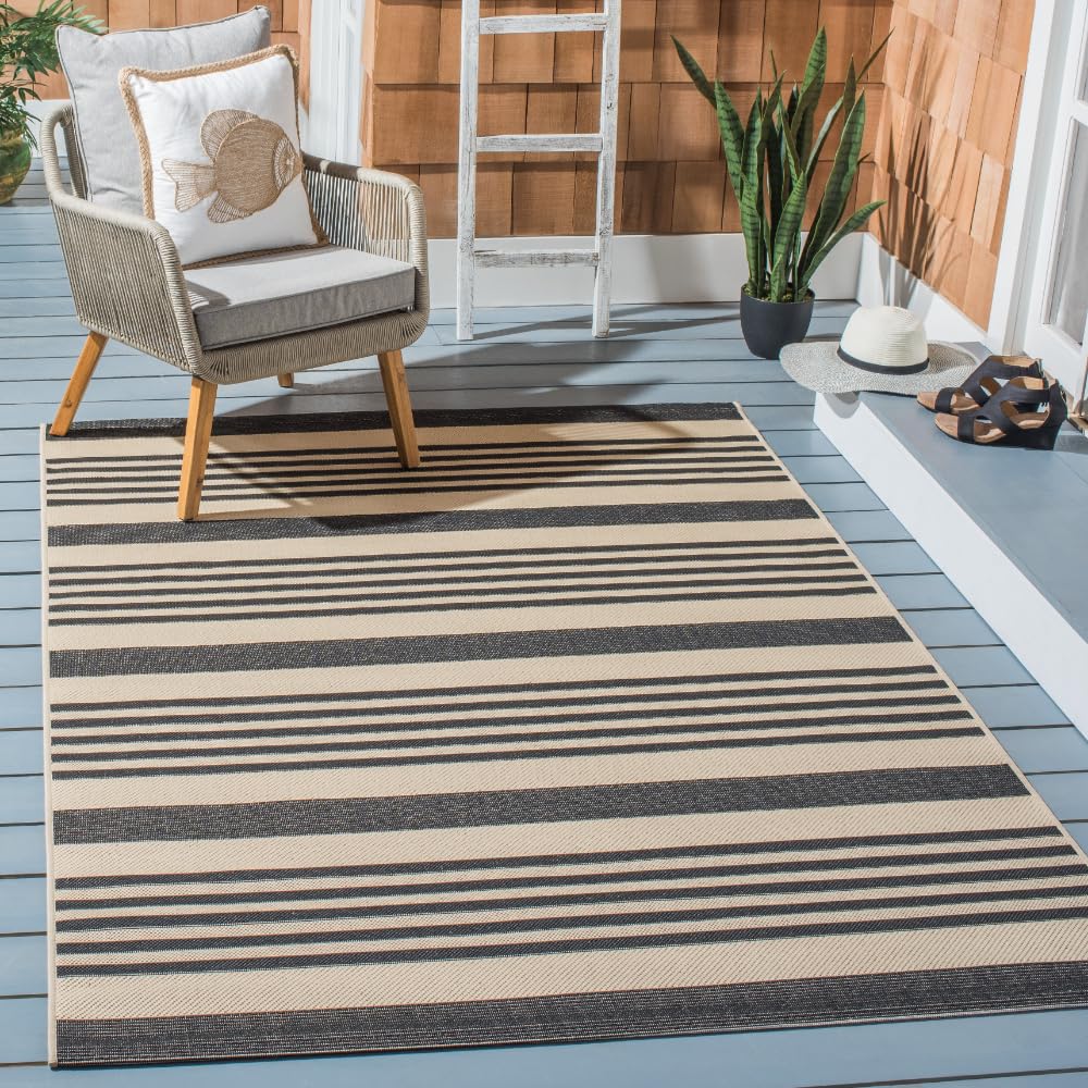 SAFAVIEH Washable Rug Outdoor Courtyard Collection - 5'3" x 7'7", Black & Bone, Non-Shedding & Easy Cleaning, Ideal for Patio, Backyard, Mudroom (