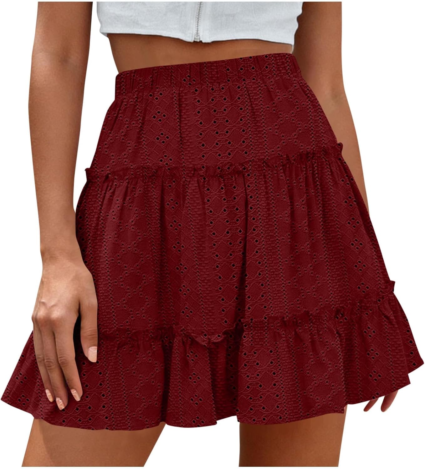 Womens Mini Skirts High Waist Flowy Boho Ruffle Pleated Skirts Eyelet Casual Golf Tennis Skirt Beach Vacation Outfit