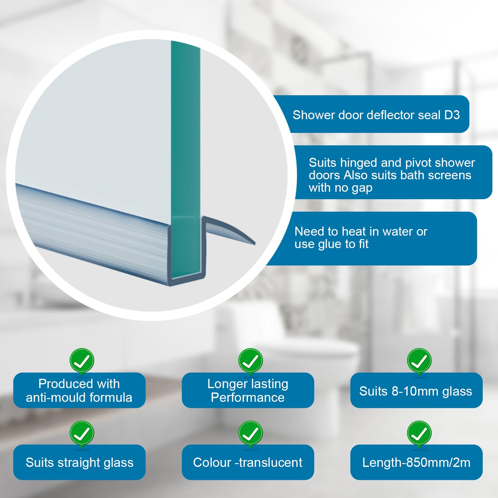 Shower Seal, Shower Screen Seal Strip for 4-6mm Curved Glass That Covers up to 10mm Gap - Image 3