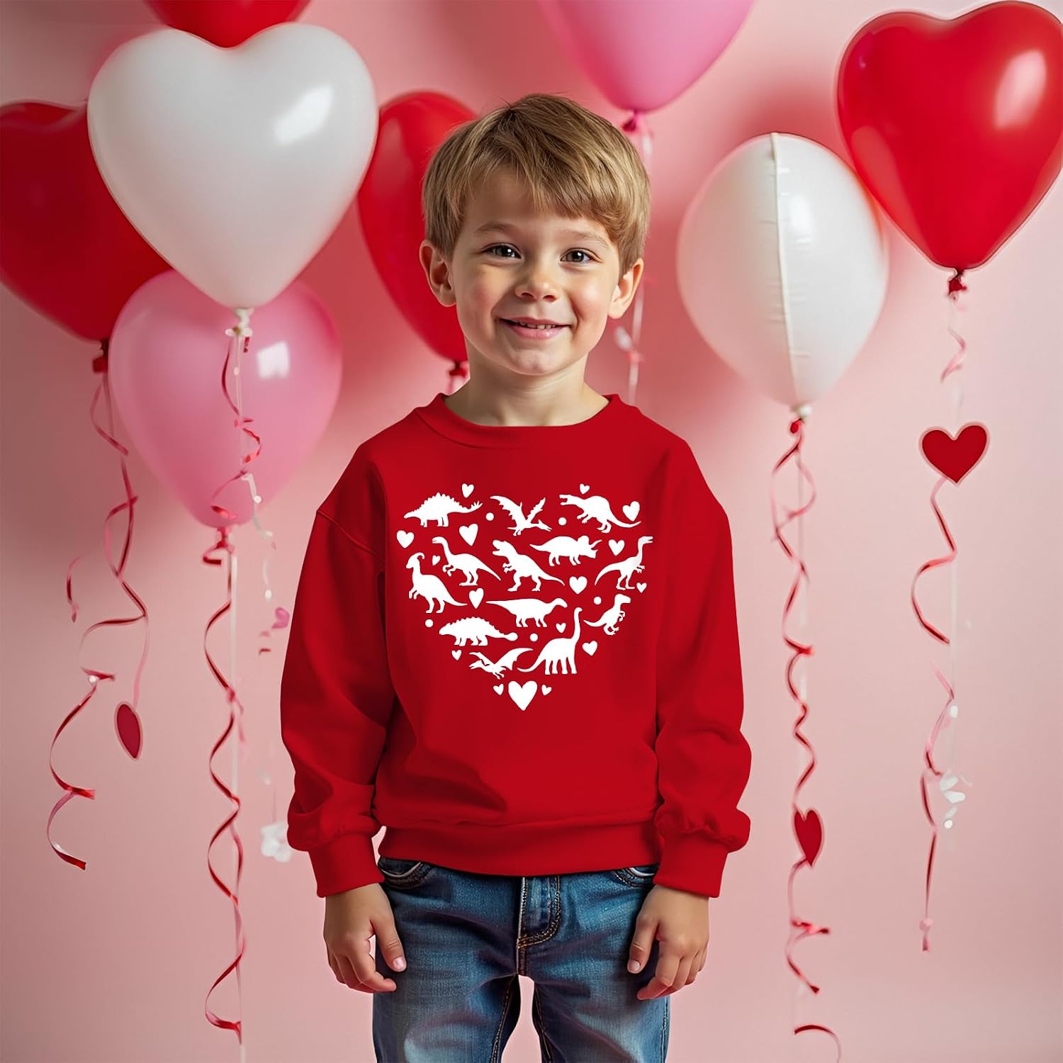 BOUTIKOME Toddler Boy Valentines Sweatshirts Dinosaur Heart Shirts Baby Long Sleeve Pullover Tops Dino Lover Clothes