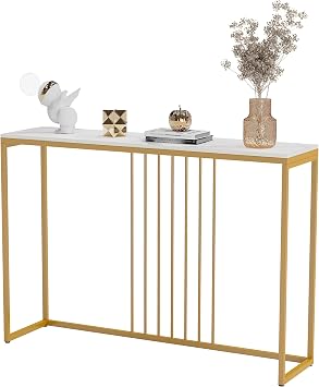 Wisfor Sintered Stone Console Table White Entryway Table with Golden Frame - Modern Narrow Table Behind Sofa - Long Table for Hallway Foyer, 39.4x11.8x30.9 inch