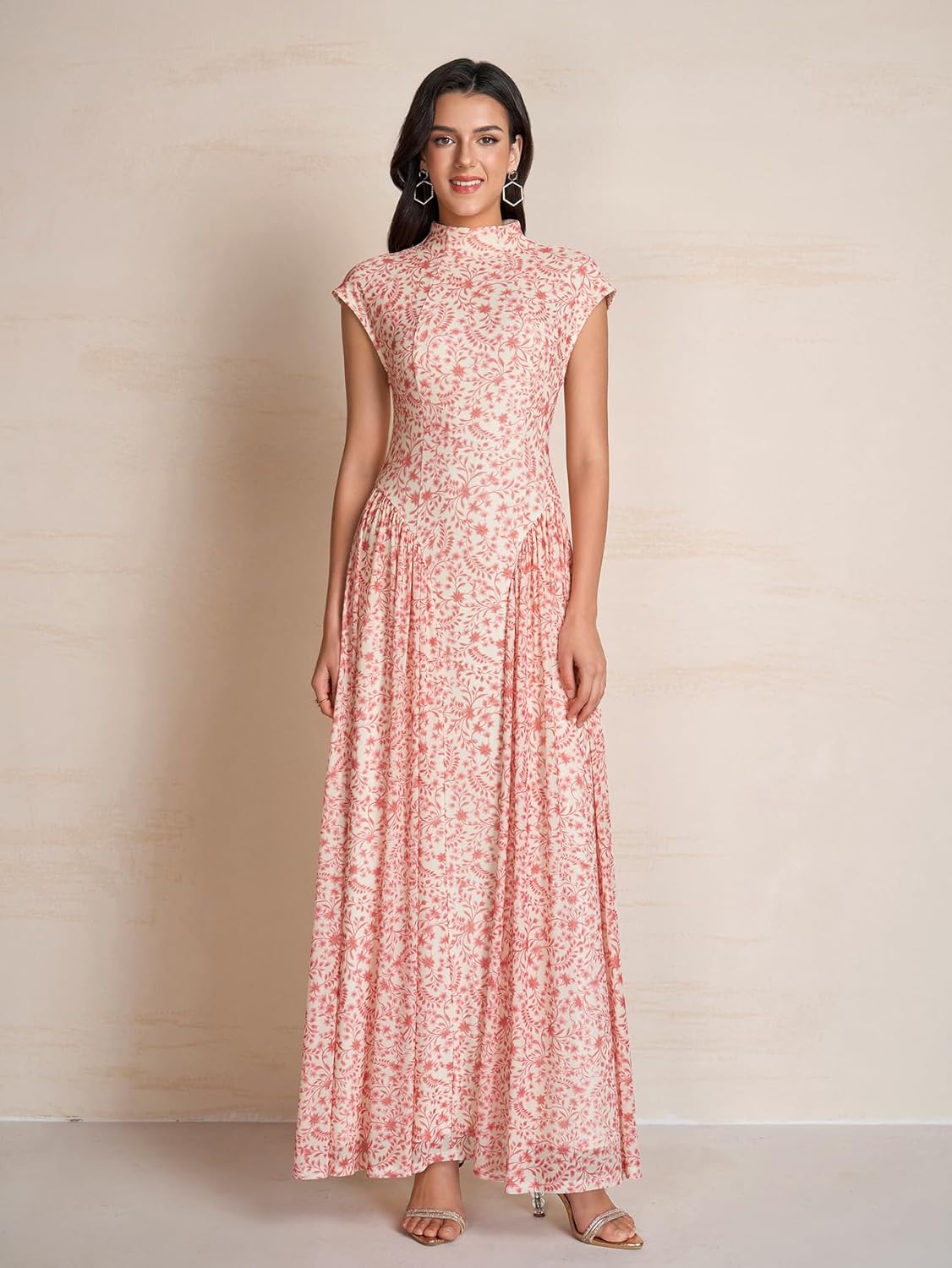 KUTUMAI Floral Summer Long Formal Wedding Guest Dresses for Women 2026 Elegant Classy Mock Neck Maxi Cocktail Dress