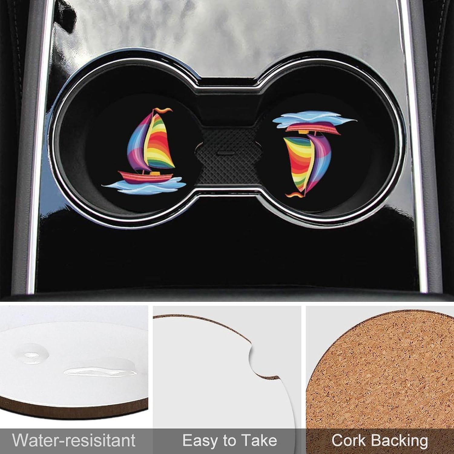 Cute Rainbow Sailboat Cute Car Coasters 2.56 Inch Absorbent Cup Holder for Drinks Auto Interior Accessories