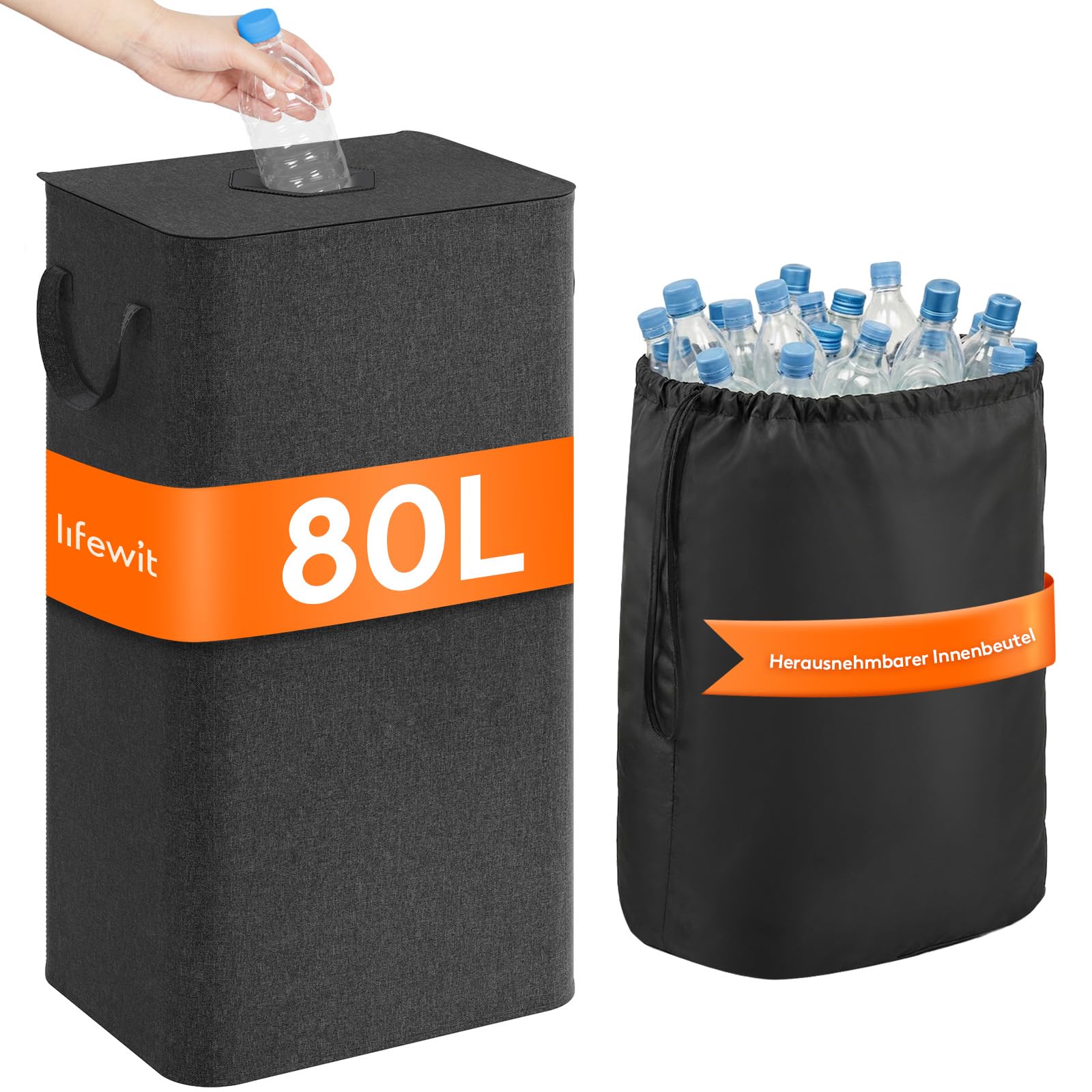 Lifewit 80L Pfandflaschen Sammelbehälter mit Deckel, Groß Pfandflaschen Aufbewahrung, Behälter Leergut & Altglas Aufbewahrung, Flaschensammler mit Loch Küche Abstellraum Flaschentasche, Dunkelgrau