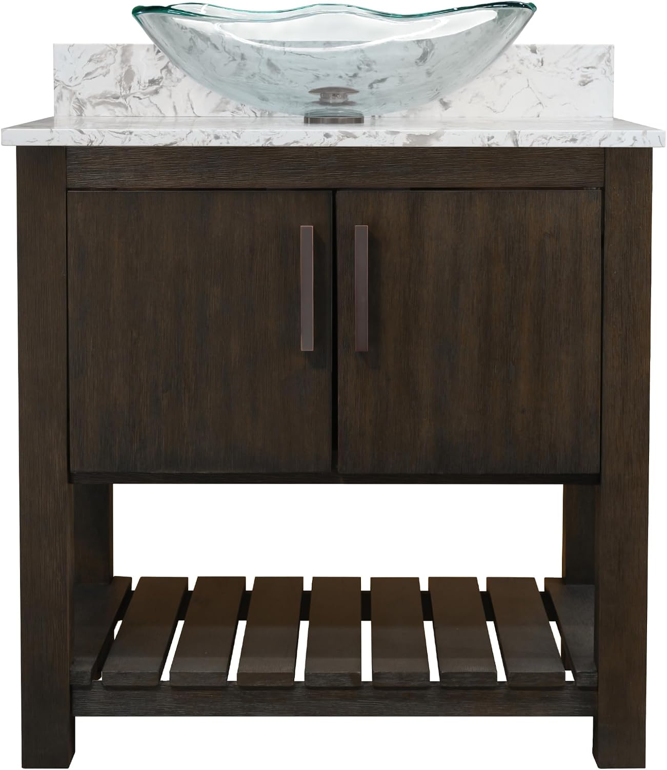 Miseno MV-30CM-NOBV-6001-317C 30" Free Standing Single Basin Vanity Set with Cabinet, Rectangular Glass Vessel Sink and Quartz Vanity Top - Cafe Mocha/Cafe Mocha Top/Oil Rubbed Bronze Hardware