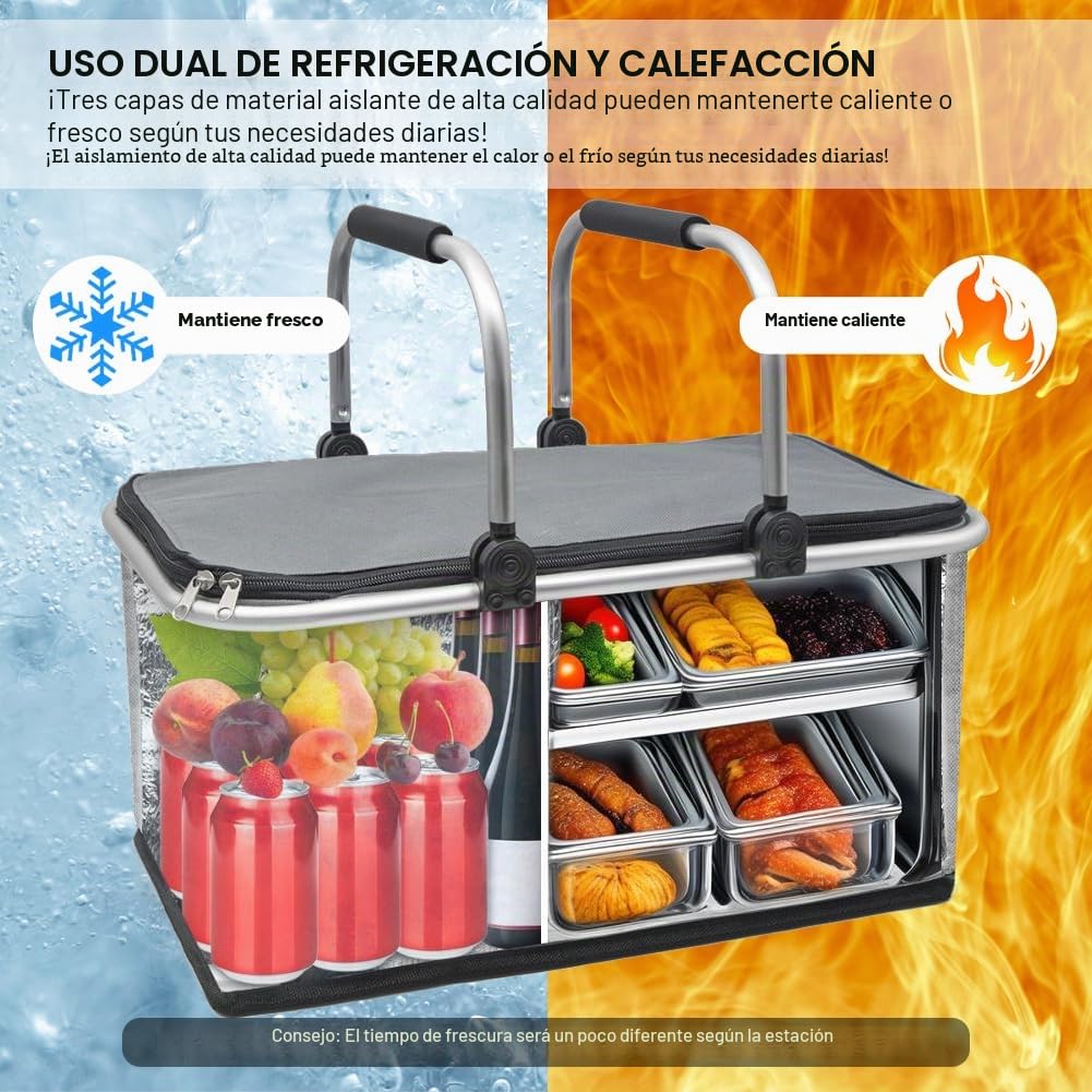 Cesta de Picnic Grande Portátil Plegable Impermeable, Bolsa Térmica con Marco de Aluminio, Oxford Cesta Resistente para Camping y Picnic (Gris)