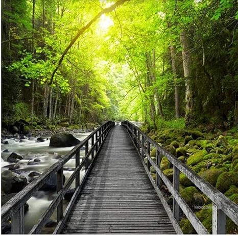 Amazon 自然の風景3d壁壁画壁紙hd美しい木製の橋クリークの森の風景の背景カスタム写真の壁紙 400x300cm 壁紙