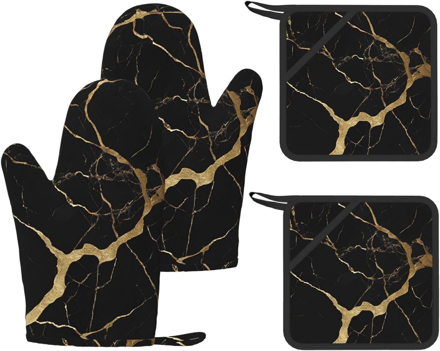 Black Gold Marble 4pcs Oven Mitts and Pot Holders Sets for Kitchen, Silicone Oven Gloves Non-Slip Potholders Hot Pads for Baking Cooking