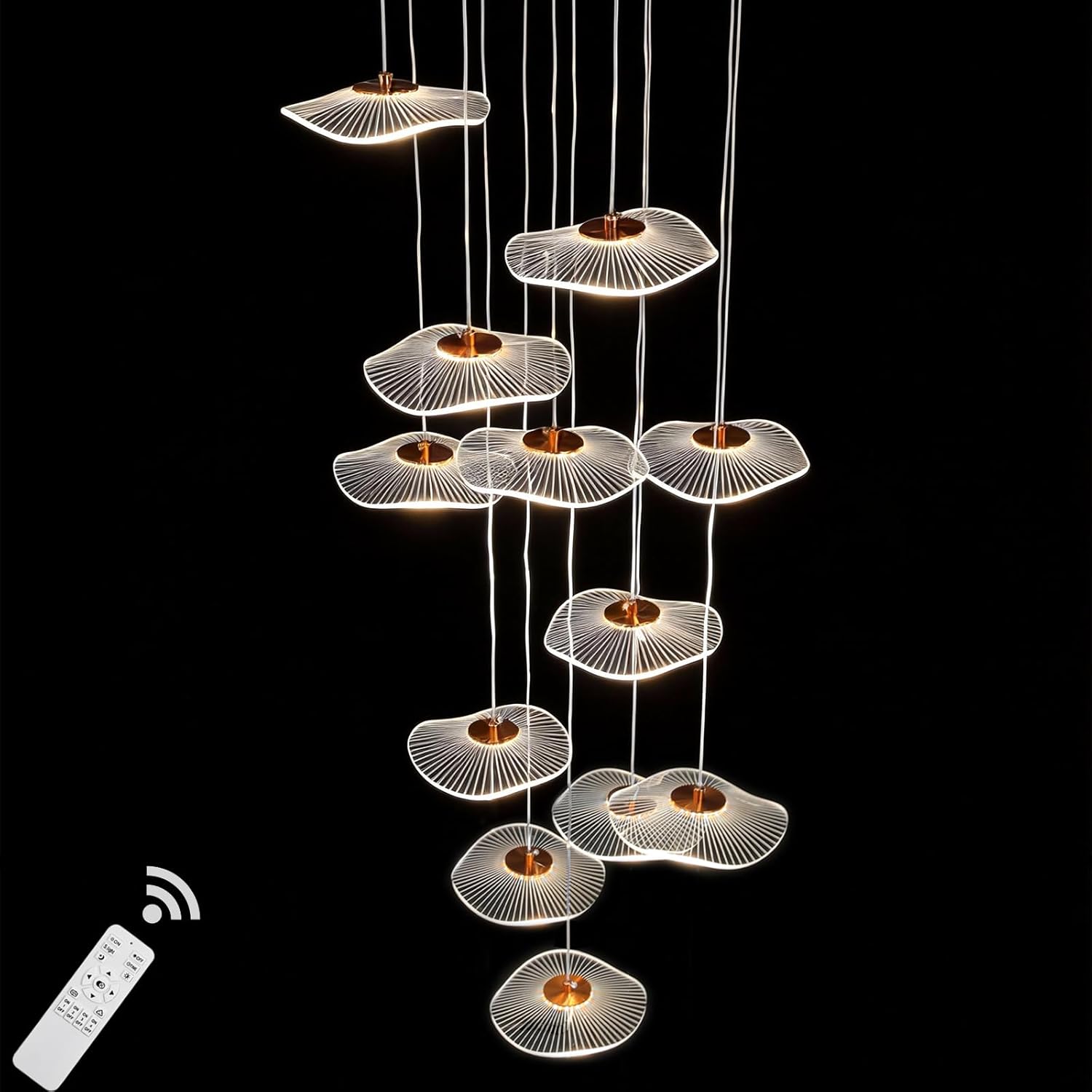 12-Light High Ceiling Chandelier,Luxury Gold Metal Lotus Leaf LED Chandelier – 120" Adjustable Large Modern Chandelier Light for High Ceilings, Foyer & Stairwell/Staircase– Dimmable,Remote Control