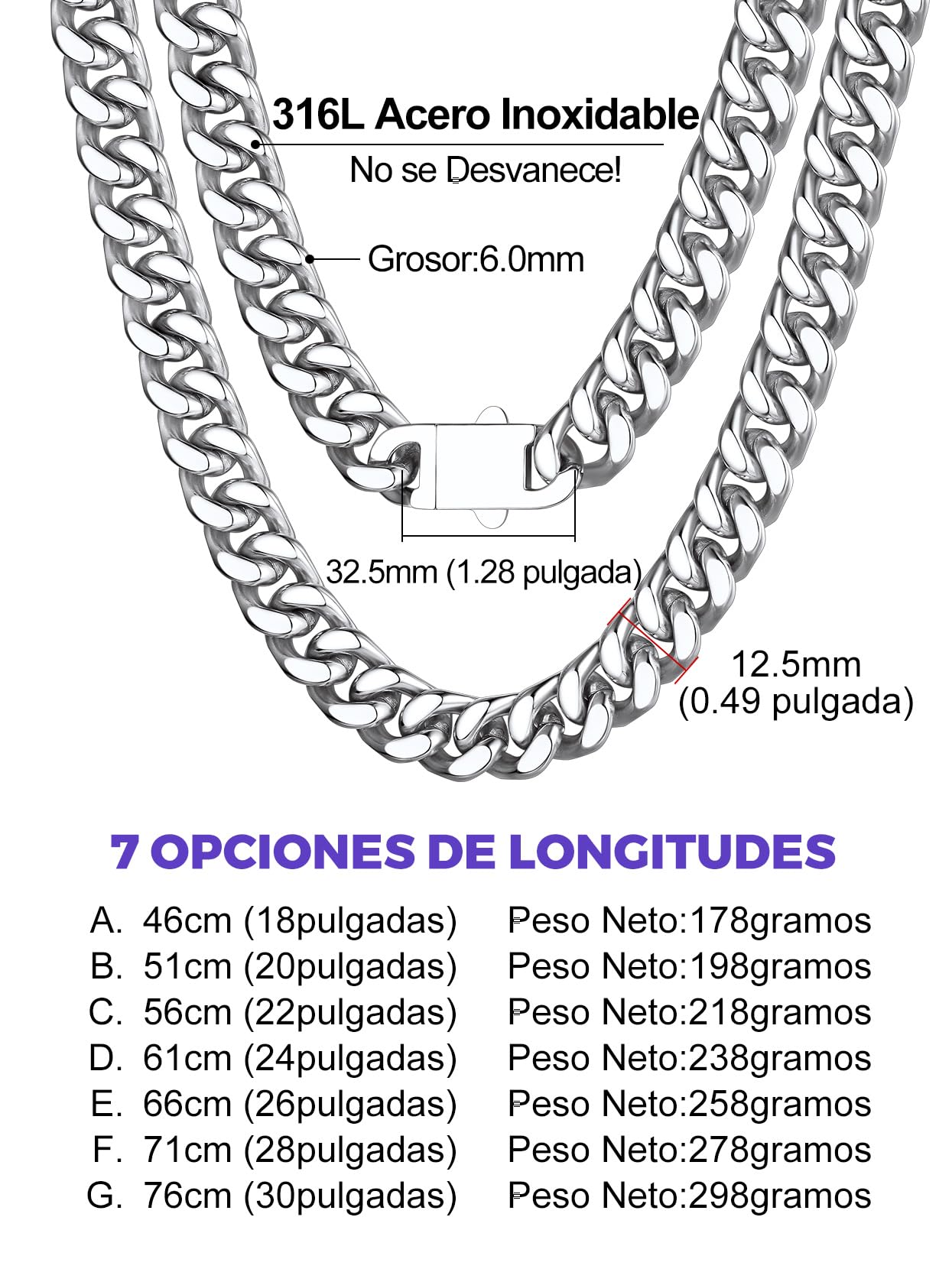 Richsteel Cadena Cubana Collar Hombre Acero Inoxidable 5mm/7mm/9mm/12mm Ancho Cadenas Eslabones Cubanos con Cierre de Presión Joyas de Hombres Mujeres 46cm-76cm Disponible