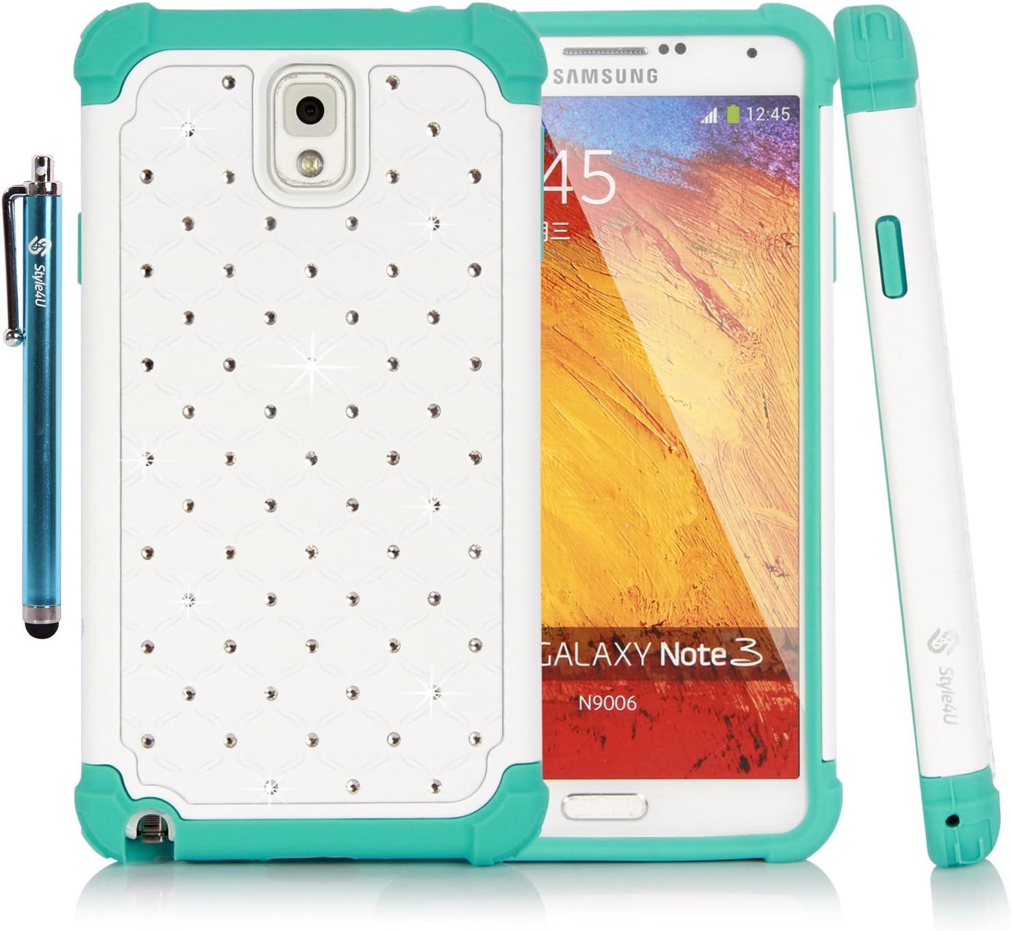 Style4U Galaxy Note 3 Case, Studded Rhinestone Crystal Bling Hybrid Armor Case Cover for Samsung Galaxy Note 3 N9000 N7200 with 1 HD Screen Protector and 1 Stylus [White/Teal]