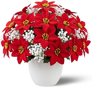 Red Christmas Poinsettia Artificial Flowers 38 Bundles UV Resistant Faux Plants Outdoor Patio Garden Winter Xmas Decor