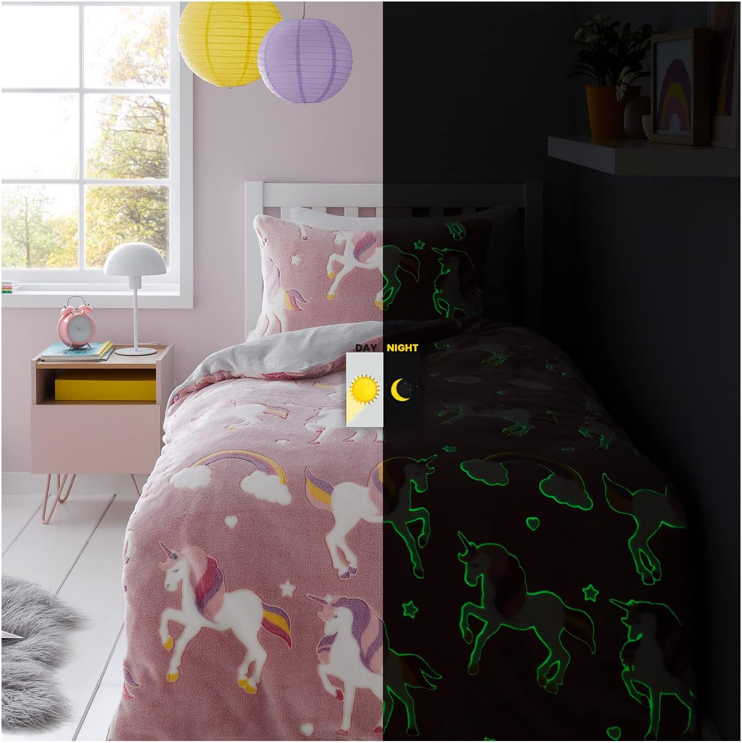 GC GAVENO CAVAILIA Teddy Glow In Dark Duvet Cover, Super Soft Snuggle Fluffy Fleece Quilt Bedding Set, Rainbow Unicorn, Double