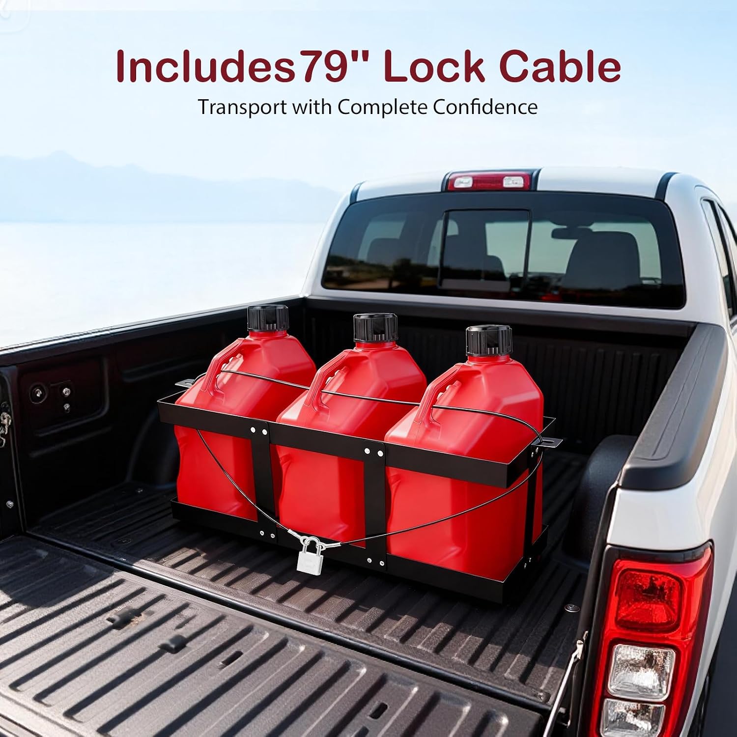 Fuel Jug Holder, Fits Two or Three 5 Gallon Gas Cans, Heavy-Duty Trailer Gas Can Mount Compatible with VP Racing Fuel Jug 5.5 Gallon(11"*14"), All-Metal Fuel Can Rack with Lock Cable & U-Bolts (3 Cans)