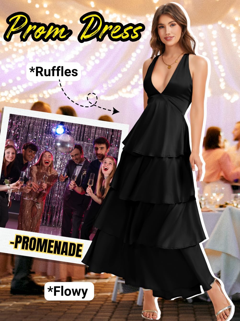 Ruffle Tiered Maxi Dress,Deep V Backless Satin Formal Dresses Women,Homecoming Cocktail Wedding Guest Outfits - Image 5