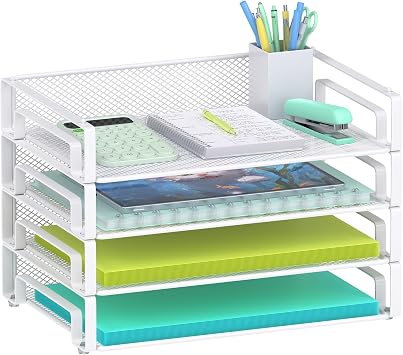 Samstar 4 Pack White Stackable Letter Paper Tray, Desk File Organizer Paper Sorter for Letter/A4 Size Folders Documents, Mesh Made,White
