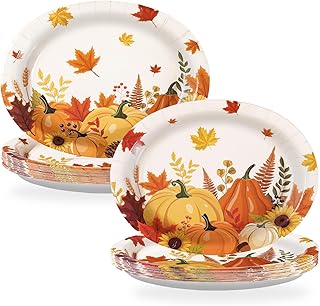 50Pcs Fall Cartoon Pumpkin Oval Paper Plates 10" x 12" Large Disposable Heavy Duty Thanksgiving Paper Platter for Autumn Themed Party Banquet Dinnerware Supplies Harvest Holiday Dinner Party Supplies