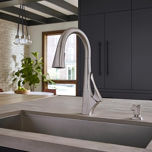 Miniatura 7 de Pfister Venturi F5297VNC - Grifo de cocina con rociador desplegable y dispensador de jabón, mango único, arco alto, acabado cromado pulido, F5297VNC