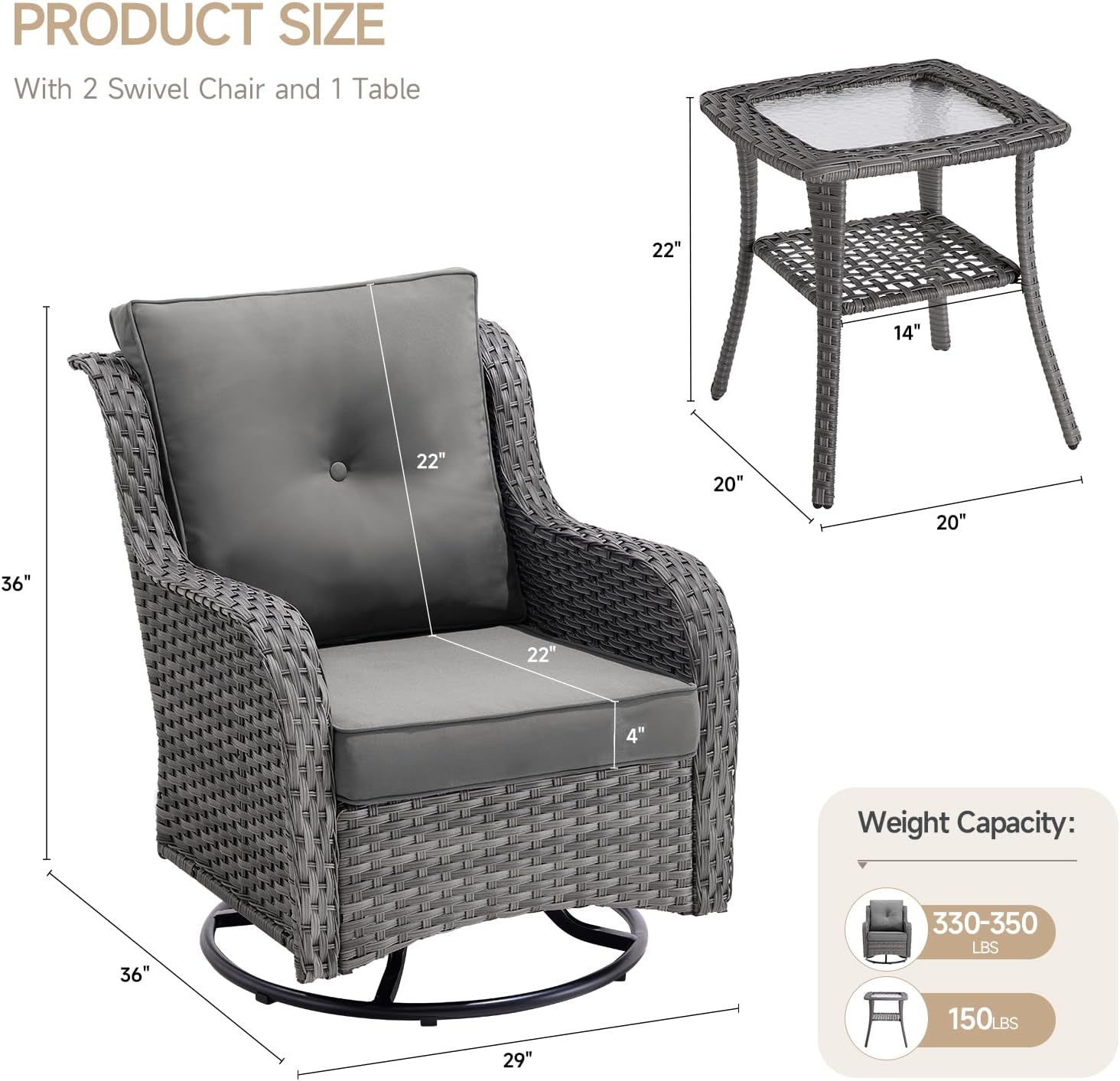 ONBRILL Patio Wicker Swivel Rocker Chairs, 3 Piece Patio Furniture Sets with Rattan Side Table, High Back Comfty Outdoor Rocking Chairs for Balcony, Porch, Deck, Poolside (Grey)