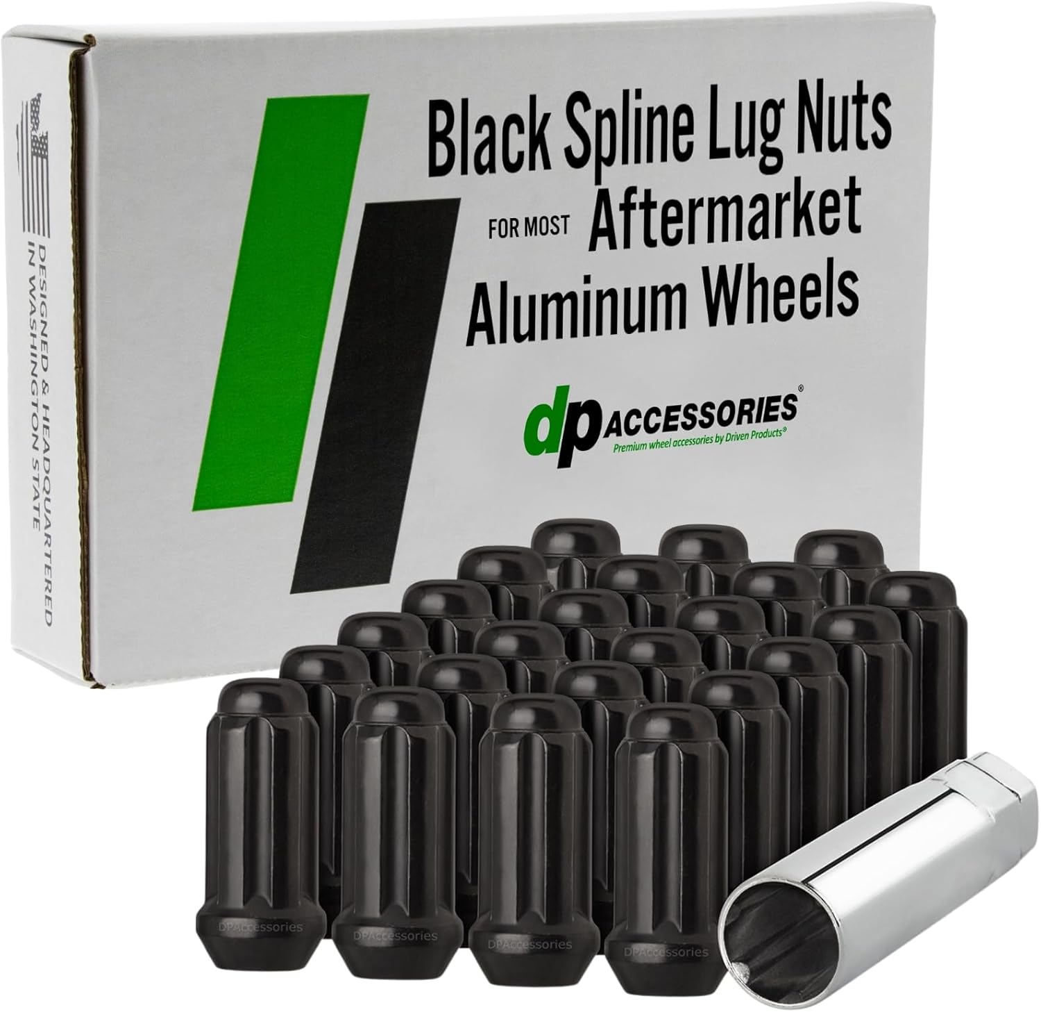 DPAccessories Lug Nuts Compatible with 2020-2026 Land Rover Defender 110 | Black Spline Style | for Aftermarket Aluminum Wheels Only | Set of 23 Wheel Nuts & 1 Tool | DLAD1101A-BK/1