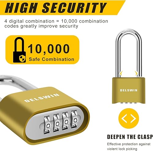 Miniatura 5 de DELSWIN Candado de combinación para exteriores, resistente a la intemperie, 4 dígitos de 2.5 pulgadas de largo, candado de combinación para puerta,