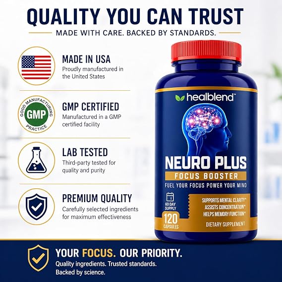 healblend Neuro Plus Focus Booster - Advanced Brain Support Supplement with Vitamin B6, B12, Folate - Improves Memory, Concentration, Mental Clarity & Cognitive Function 120 Capsules
