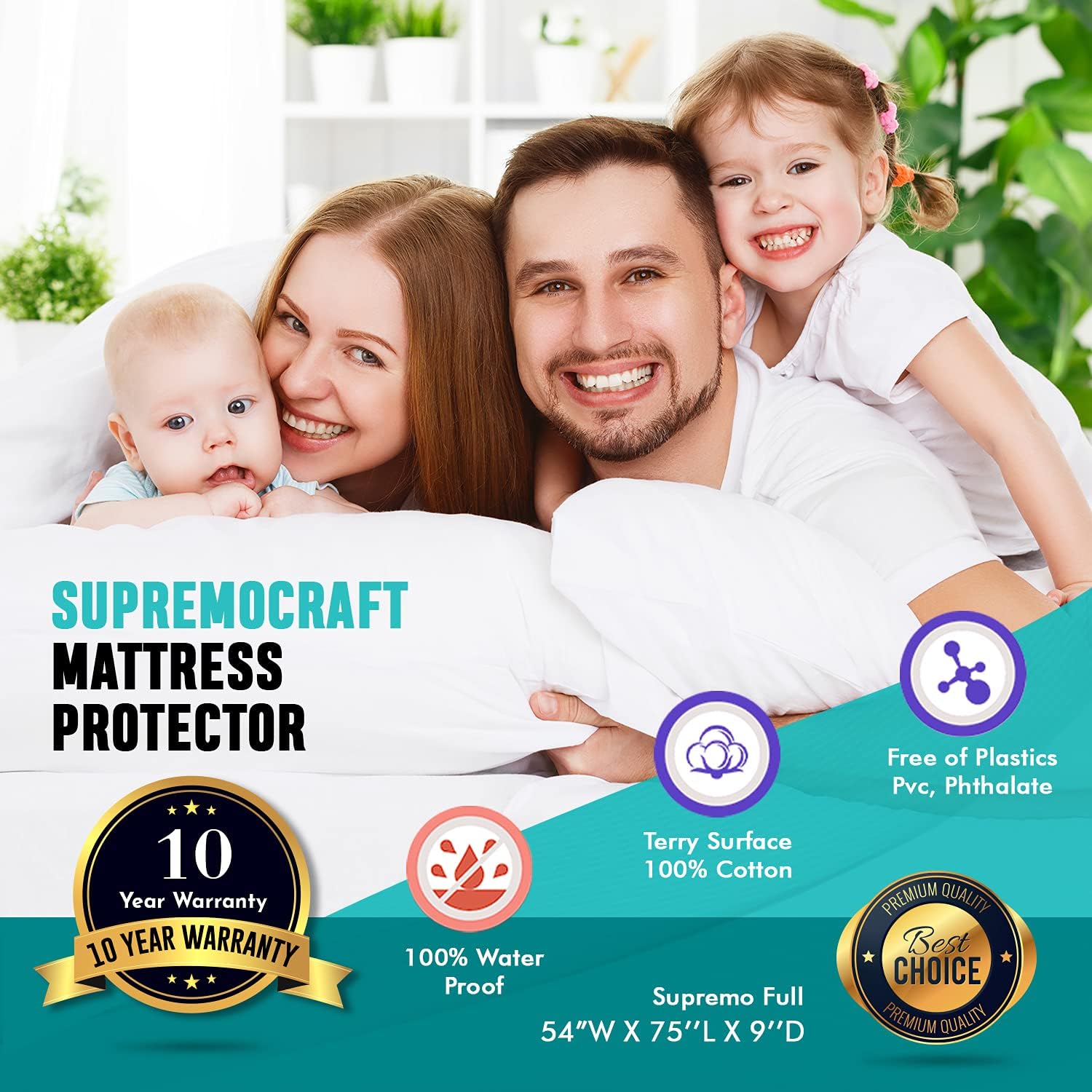 Queen Mattress Protector - 100% Waterproof Terry Cotton - Dust Proof Breathable Ultrasoft Noiseless Mattress Pad, Deep Pocket, Premium Fitted Mattress Topper - Queen Mattress Cover : Home & Kitchen