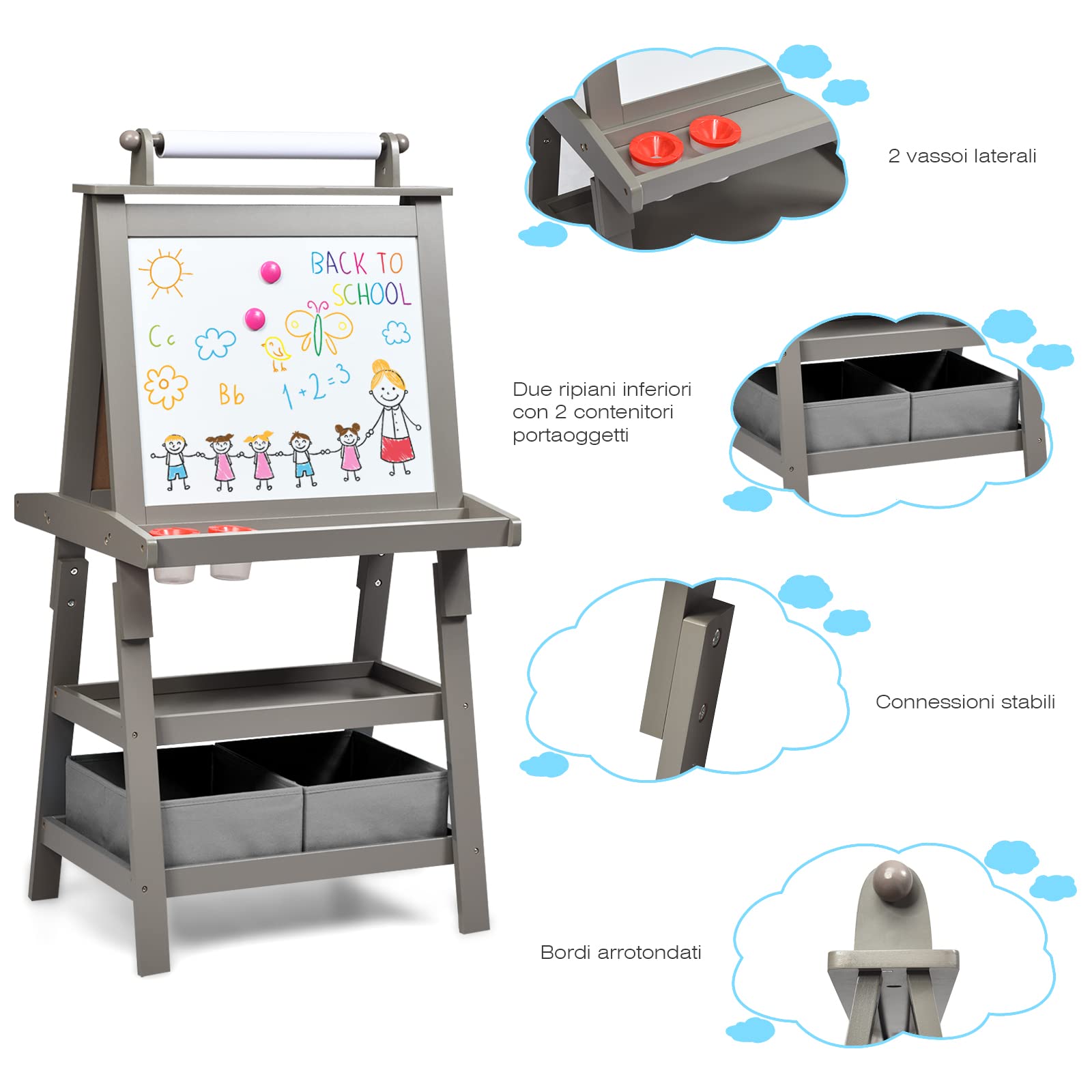 RELAX4LIFE 3 IN 1 Lavagna per Bambini, Cavalletto Pittura a Doppia Faccia, Lavagna Magnetica con Rotolo di Carta, Giocattolo Educativo 3+ Anni (Grigio)