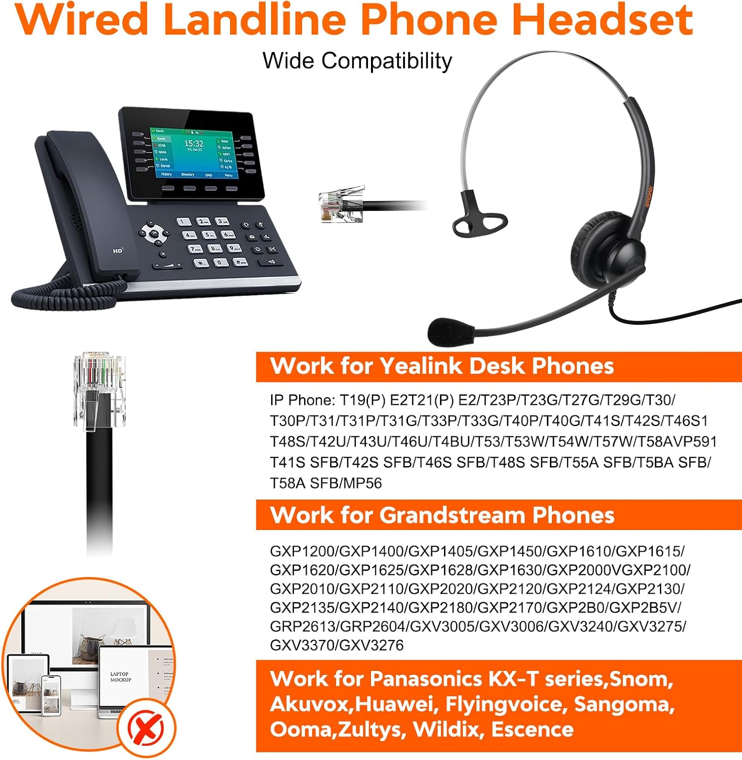 One Ear Wired Office Headset | Single Ear RJ9 Call Center Telephone Headset | Noise-Cancelling Mic | Compatible with Landline/IP Phones - Yealink, Sangoma, Grandstream, Akuvox, Escene, Atcom