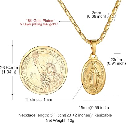GoldChic Jewelry Oval Miraculous Medal Necklace, Our Lady of Graces Pendant with Filigree Border, Virgin Mary Religious Jewellery for Women Men