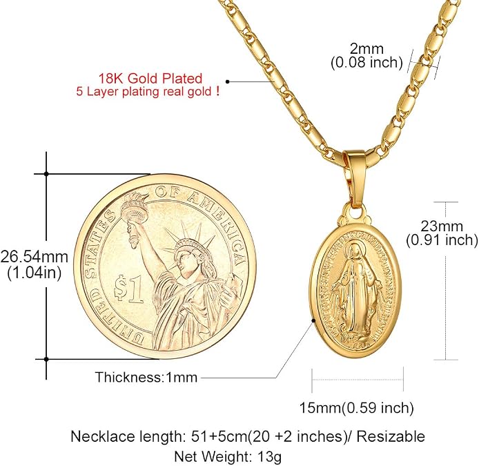 GoldChic Jewelry Oval Miraculous Medal Necklace, Our Lady of Graces Pendant with Filigree Border, Virgin Mary Religious Jewellery for Women Men