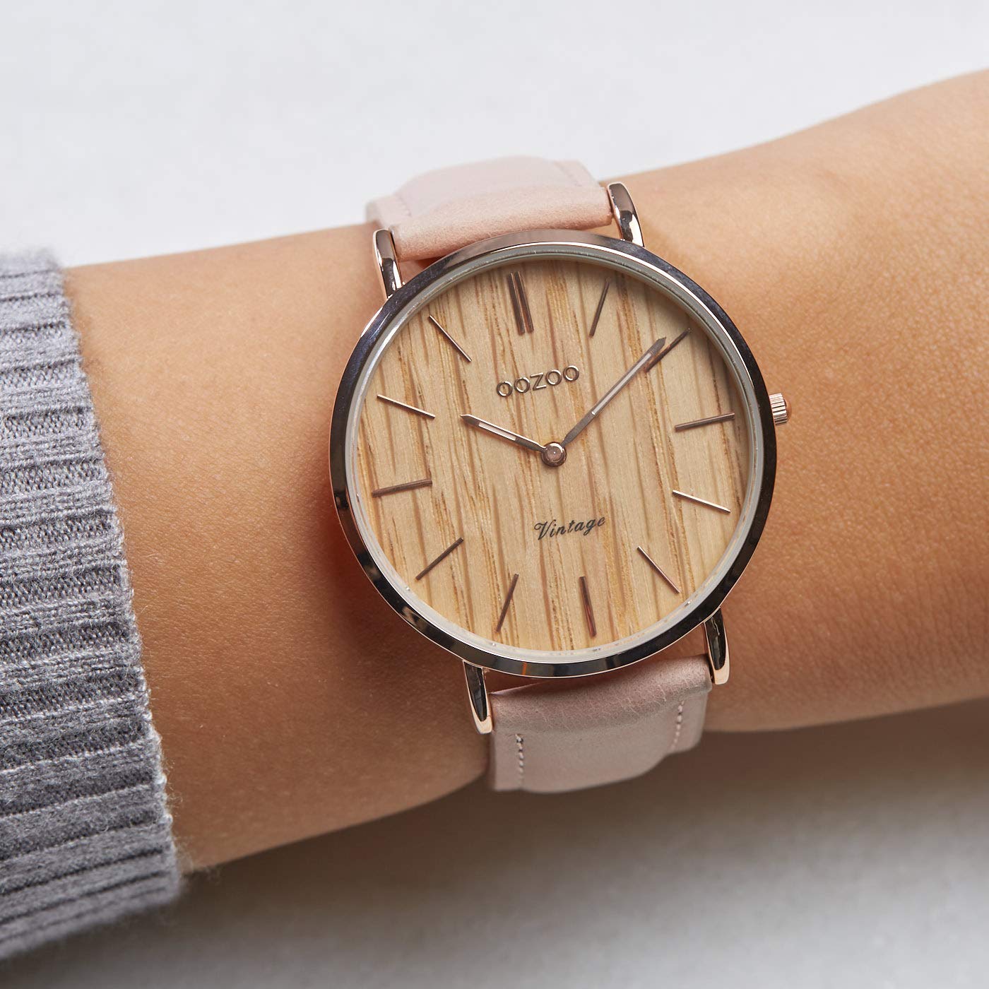 Oozoo Vintage Damenuhr Lederband Wood 40 MM Rose/Braun Holz/Pinkgrau C9866
