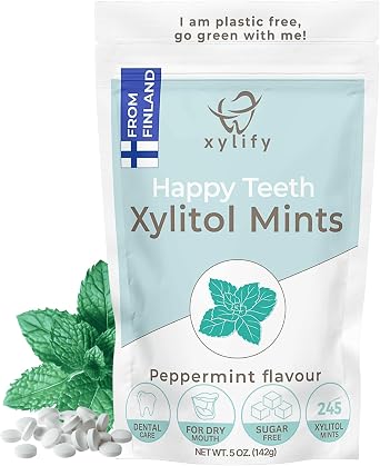 Xylitol Mints for Oral Care - Peppermint flavor, 100% Xylitol sweetened, Sugar Free Candy, Happy Teeth dental mints from Finland, 5oz - 245 mints