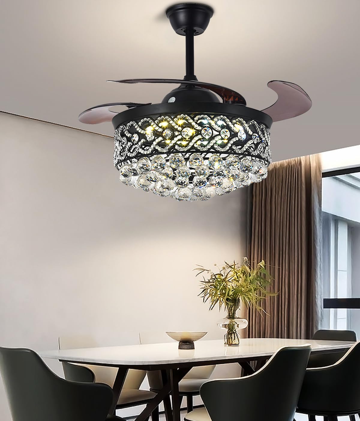 42 Inch Crystal Chandelier Ceiling Fan with Remote, Black Invisible Retractable Ceiling Fans with Lights, Modern Luxury Fandelier with 3 Speed 3 Color for Bedroom Living Dining Room