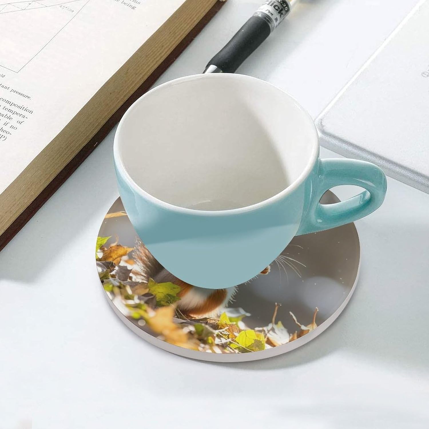 6PCS Autumn Squirrel Coasters Non-Slip Round Drink Coasters with Ceramic Stone and Cork Base, Heat Resistant Absorbent 33.00Stone Coaster Set for Kinds of Mugs and Cups, 4 Inch