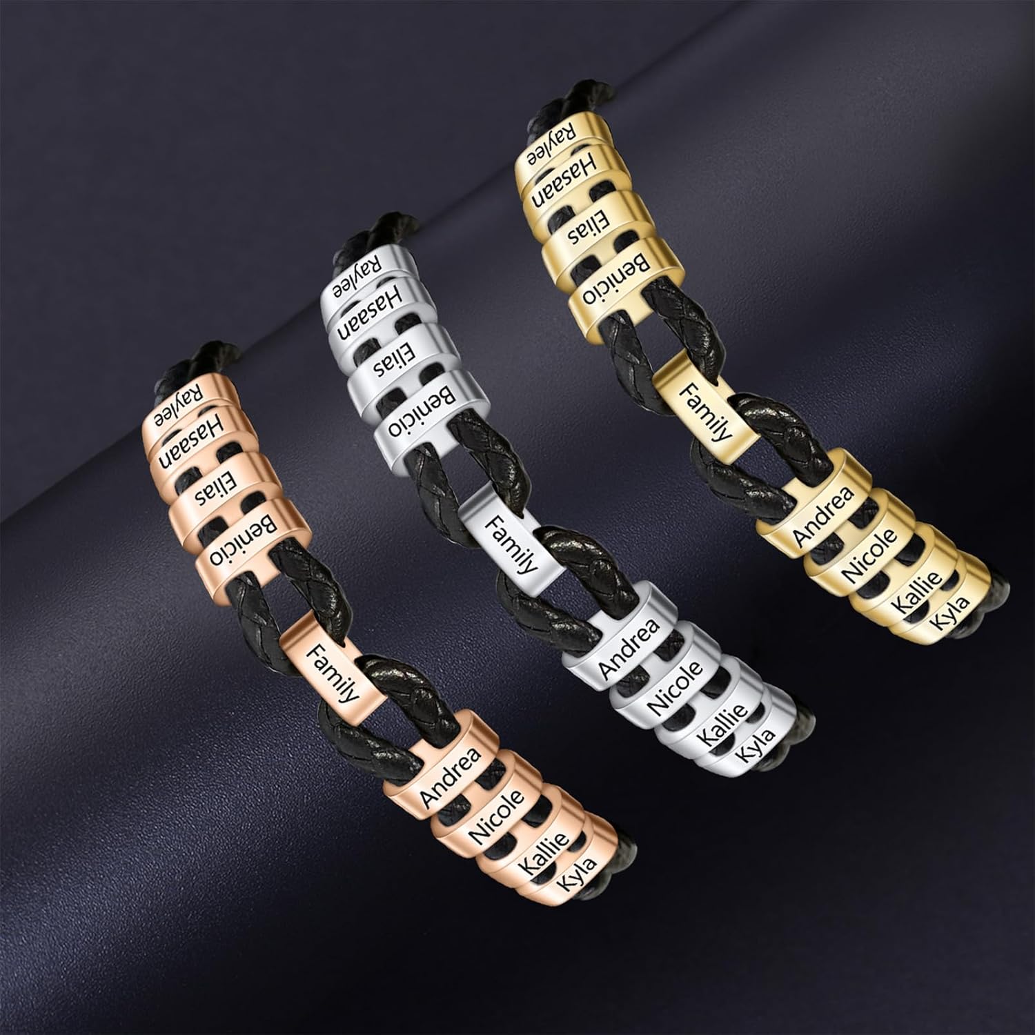 Personalized Mens Bracelet with 2-9 Names Custom Leather Bracelet for Men Customized Mens Bracelets with Name Engraved Fathers Day Bracelet for Dad