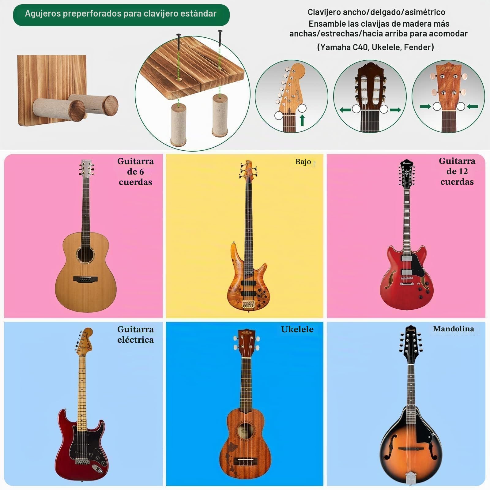 Soporte de Pared para Guitarra Juego de 3 (Marrón) | Colgador para Guitarra Acústica, Española, Bajo Eléctrico, Guitarra Eléctrica y Ukelele