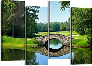 Canvas Wall Art Prints Pictures Golf Course Landscape Modern Framed Gym Club Bridge Reflection Framed Posters Modern Wall Painting Artwork Gift Home Decor for Living Room Ready to Hang 4 Panel