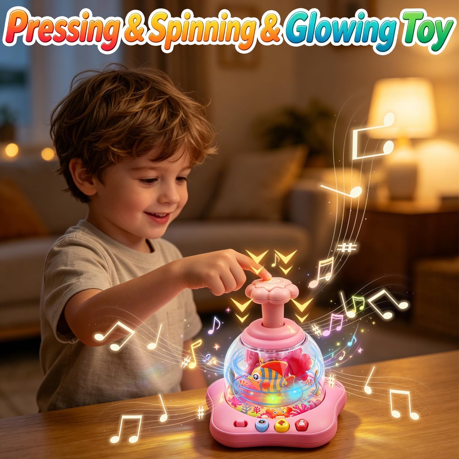 Ansee Baby Spinner Toy, Aquarium Themed Press & Spin Light Up Toy for 7 8 9 10 11 Months Babies, Spinning Toys for Infants with Music & Lights, Sensory Spinner Toys for Toddlers 1-3 (Pink)
