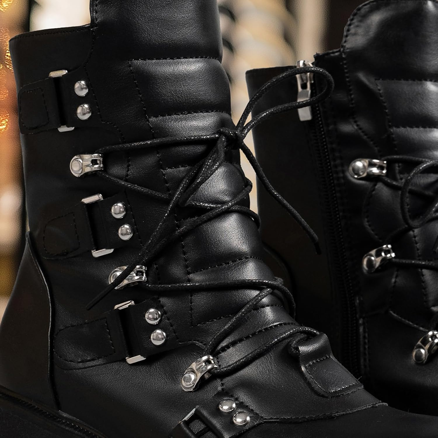 Womens Chunky Block Heel Platform Boots Wedge Mid Calf Boots Combat Boots Lace Up Zip Ankle Booties Gothic Punk Boots