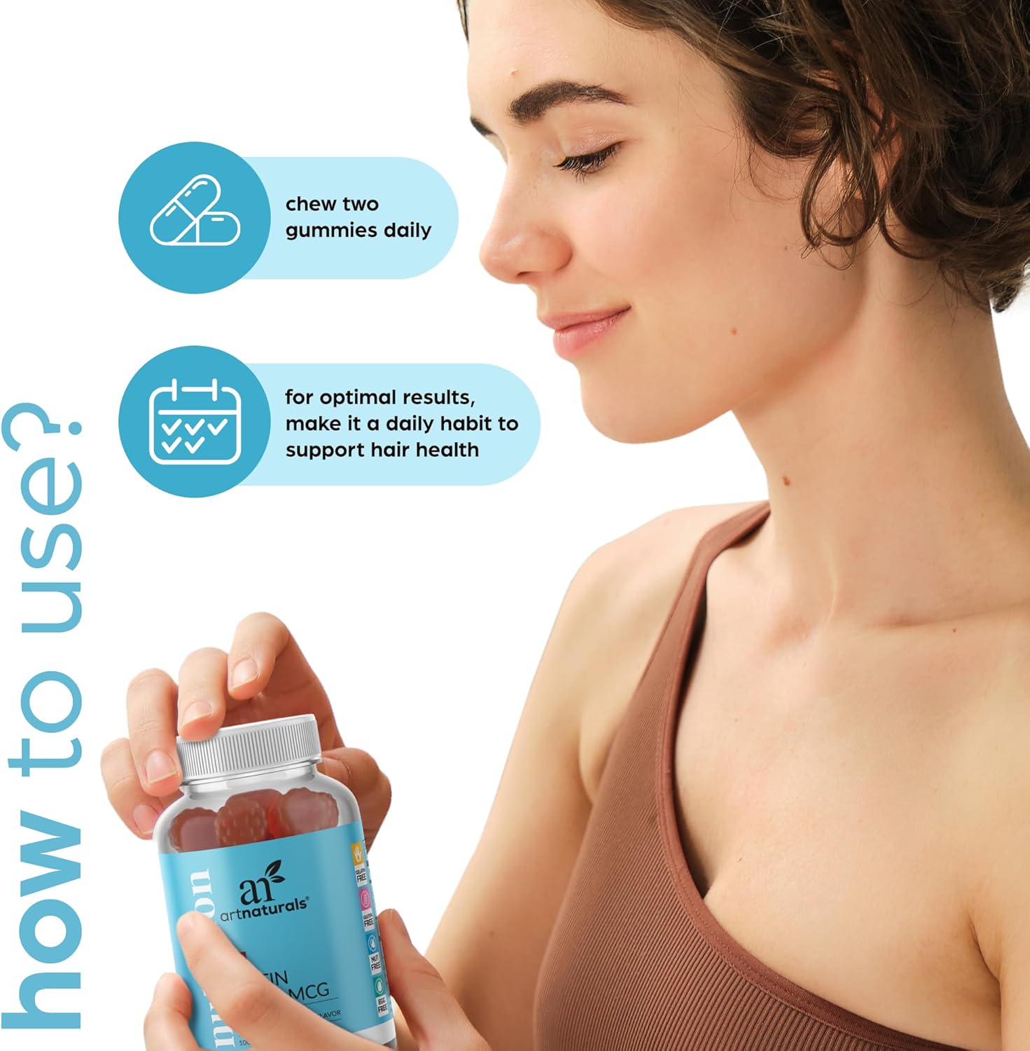 Artnaturals Biotin Gummies for Hair Growth - (100 Gummies - 10000mcg) - Natural Strawberry Vitamins Supports Nails and Skin - Gelatin, Gluten, Nut and Egg Free - Image 6